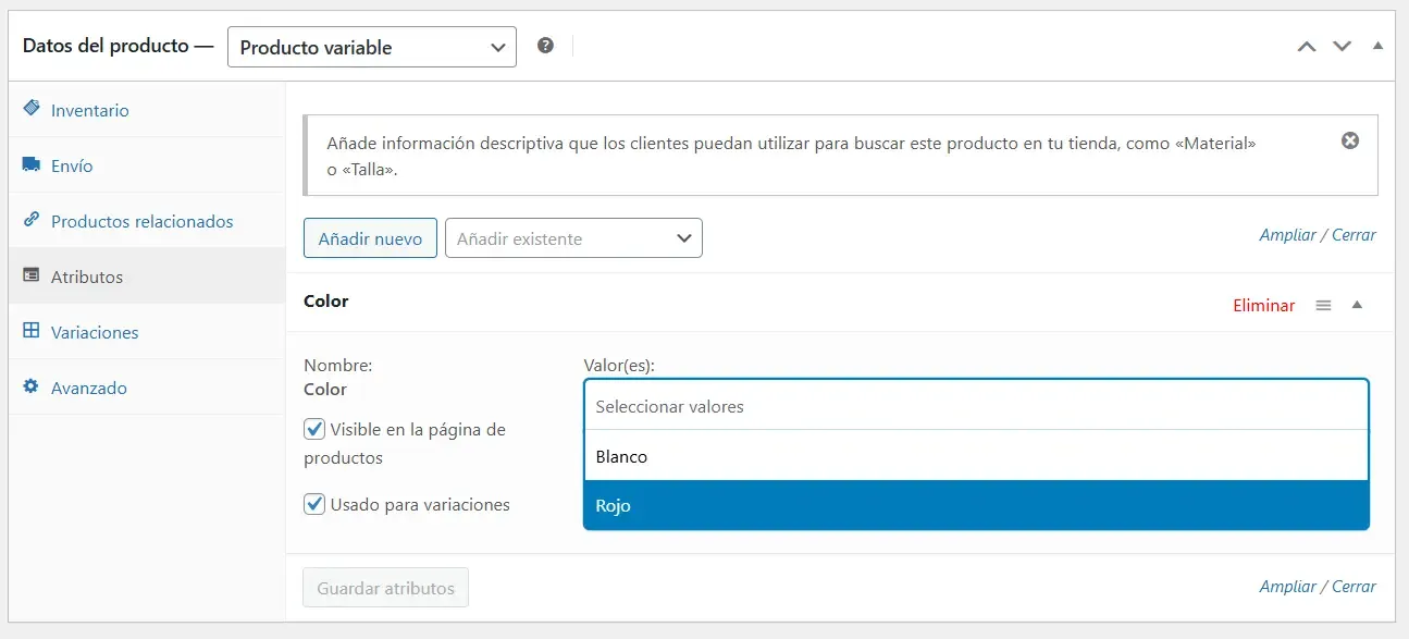 Productos Variables en WooCommerce: La Guía Paso a Paso para Tallas y Colores - seleccionar valores de color para el producto en WooCommerce