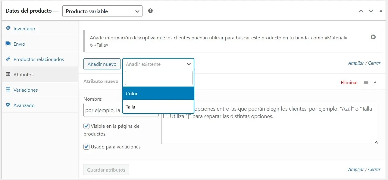 Productos Variables en WooCommerce: La Guía Paso a Paso para Tallas y Colores - añadir atributo de color al producto en WooCommerce