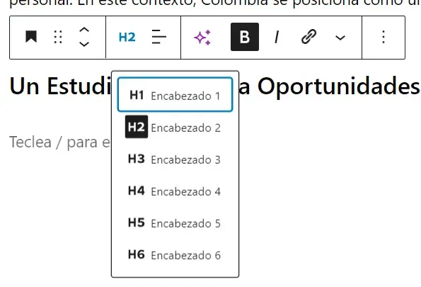 ¿Cómo publicar un artículo en WordPress? - tipos de título h1 a h6 en el editor de bloques